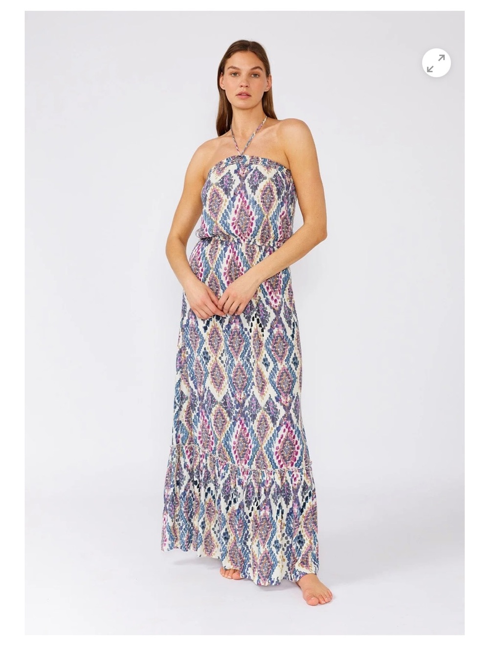 Halter (orStrapless) Lovestich Maxi Dress with White Purple & Navy Diamond Print